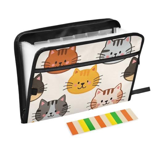 Cartoon-Akkordeon-Ordner mit niedlichem Katzen-Motiv, 13 Taschen, A4, Briefgröße mit Reißverschluss, für Aktenordner von voucong