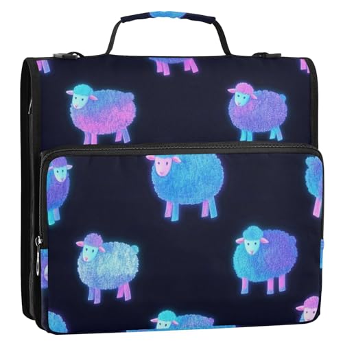 Cartoon-Binder mit süßem blau-neonfarbenem fluoreszierendem Schaf, 3,8 cm, 3 Ringe, stabiler Reißverschluss, mit Schultergurt und Griff, inklusive Reißverschlusstasche, Dokumentenmappe, Organizer für von voucong