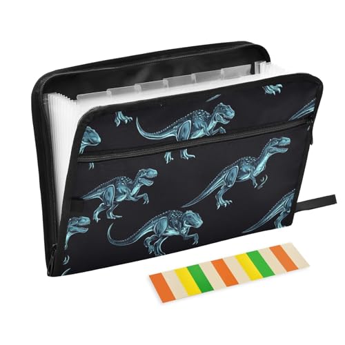 Cartoon-Dino-Ordner mit Taschen, 13 Taschen, A4, Briefgröße mit Reißverschluss, für Ordner mit Trennblättern, Blau / Schwarz von voucong
