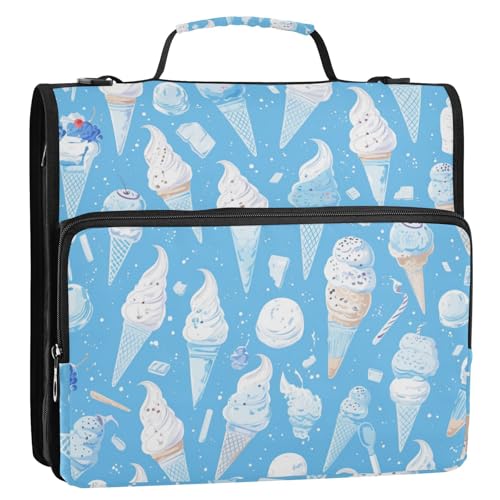 Cartoon-Eiscreme-Ordner mit 3 Ringen, stabiler Reißverschluss, mit Griff und abnehmbarem Schultergurt, mehrere Taschen, Dokumentenmappe für Schule/Büro, 3,8 cm, Blau von voucong