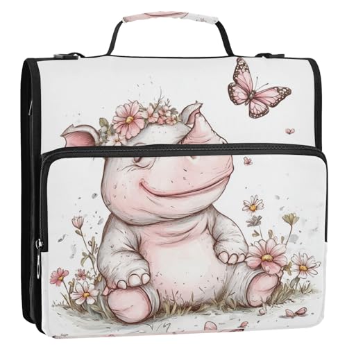 Cartoon-Mappe mit süßem weißem Nashorn, Blumen, Schmetterling, 3 Ringe, mit Reißverschluss und Griff und abnehmbarem Schultergurt, mehrere Taschen, Reißverschluss-Portfolio für Mittelschüler Cartoon-Mappe mit süßem weißem Nashorn, Blumen, Schmetterling, 3 Ringe, mit Reißverschluss und Griff und abnehmbarem Schultergurt, mehrere Taschen, Reißverschluss-Portfolio für Mittelschüler von voucong