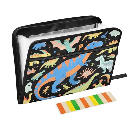 Dokumenten-Organizer mit Dinosaurier-Motiv, 13 Fächer, A4, Briefgröße, mit Reißverschluss, für Ordner, Dokumentenmappe, Schwarz von voucong