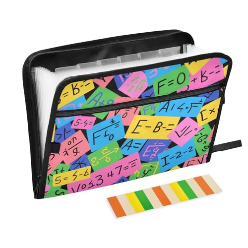 Dokumentenhüllen mit mathematischen Formeln, bunt, 13 Taschen, A4, Briefgröße mit Reißverschluss, für Ordner mit Etiketten von voucong
