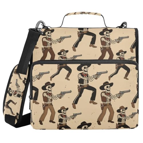 Dokumentenmappe mit 3 Ringen und Reißverschluss, Retro-Stil, Cowboy-Totenkopf-Design, mit Schultergurt, Beige von voucong