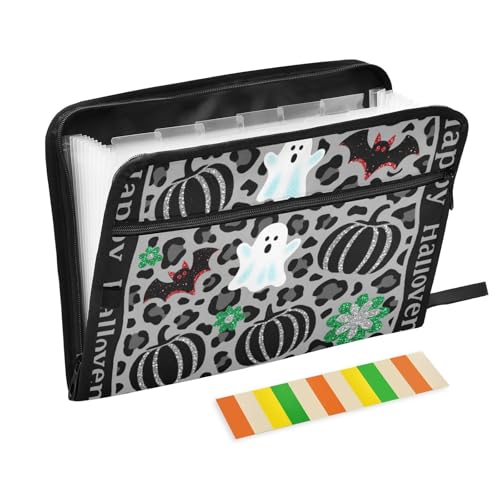 Dokumentenmappe mit Leopardenmuster, Kürbis, Halloween, erweiterbar, 13 Fächer, A4, Briefgröße mit Reißverschluss, für Bürobedarf, Grau-Schwarz von voucong