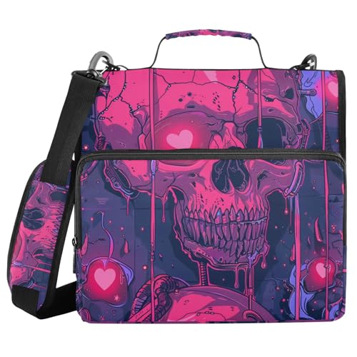 Dokumentenmappe mit Totenkopf-Herz und Stern, 3,8 cm, 3 Ringe, stabiler Reißverschluss, mit Griff, mehrere Taschen, Dokumentenmappe für Schule und Büro von voucong