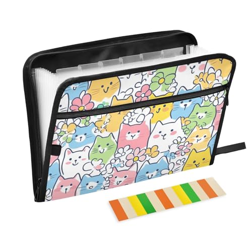 Dokumentenmappe mit bunten Cartoon-Katzen, 13 Taschen, A4, Briefgröße mit Reißverschluss, für Aktenordner, Jacke von voucong