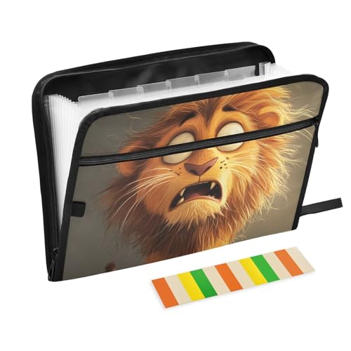 Dokumentenmappe mit lustigem Cartoon-Motiv, Löwenangst, erweiterbar, 13 Fächer, A4, Briefgröße mit Reißverschluss, für Organizer mit Tasche von voucong