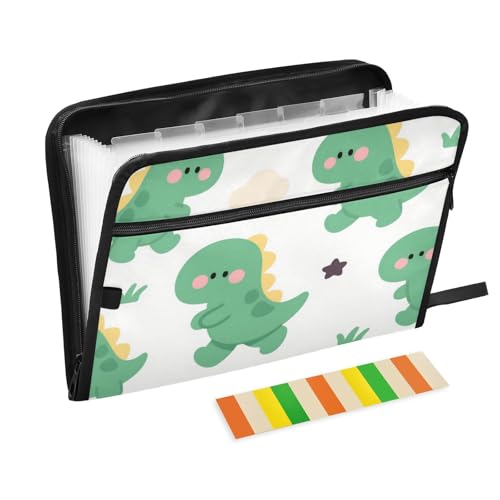 Dokumentenmappe mit niedlichem Cartoon-Dinosaurier-Motiv, 13 Fächer, A4, Briefgröße, mit Reißverschluss, für Aktenhalter, Grün von voucong