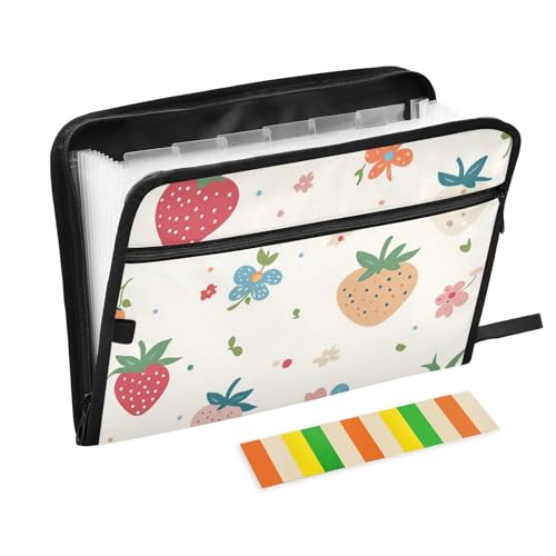 Dokumentenmappe mit niedlichem Cartoon-Erdbeerblumen-Design mit Taschen, 13 Taschen, A4, Briefgröße mit Reißverschluss, für Aktenordner von voucong