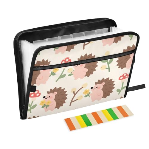 Dokumentenmappe mit niedlichem Cartoon-Igel, 13 Taschen, A4, Briefgröße mit Reißverschluss, für mehrere Fächer, Braun von voucong