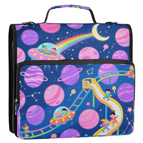 Dokumentenmappe mit niedlichem Cartoon-Planet, 3 Ringe, stabiler Reißverschluss, mit Griff, mehrere Taschen, für die Mittelschule, Violett Dokumentenmappe mit niedlichem Cartoon-Planet, 3 Ringe, stabiler Reißverschluss, mit Griff, mehrere Taschen, für die Mittelschule, Violett von voucong