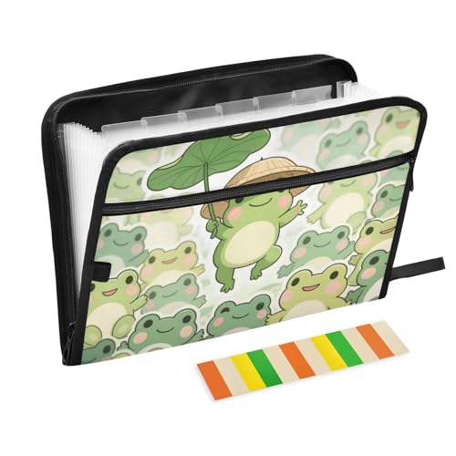 Dokumentenmappe mit niedlichem Froschmotiv, 13 Taschen, A4, Briefgröße mit Reißverschluss, für Bürobedarf, Grün von voucong