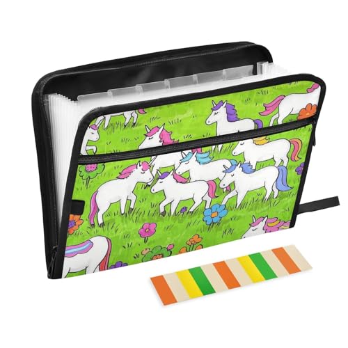 Dokumentenmappe mit niedlichen Cartoon-Einhörnern, 13 Taschen, A4, Briefgröße mit Reißverschluss, Grün von voucong