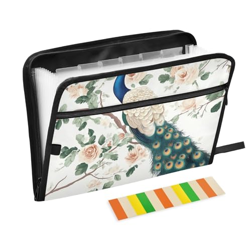 Dokumentenmappe mit süßem Pfauenmotiv, 13 Taschen, A4, Briefgröße mit Reißverschluss, für Dokumenten-Organizer, Weiß Dokumentenmappe mit süßem Pfauenmotiv, 13 Taschen, A4, Briefgröße mit Reißverschluss, für Dokumenten-Organizer, Weiß von voucong