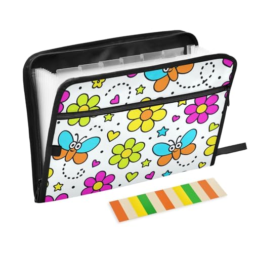 Dokumententasche mit buntem Cartoon-Blumenmuster, 13 Fächer, A4, Briefgröße mit Reißverschluss, für große Aktenordner von voucong