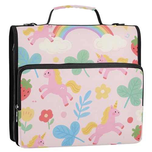 Einhörner Regenbogen Pink 3 Ringe 3,8 cm Schule Reißverschluss Ordner mit Schultergurt Wasserdicht Dokumentenmappe Organizer für Mittelschüler von voucong