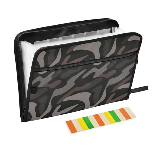 Erweiterbare Ordner, 13 Fächer, A4, Briefgröße, mit Reißverschluss, zum Erweitern von Hängemappen, Camouflage-Muster, Kaffeefarben / Schwarz von voucong