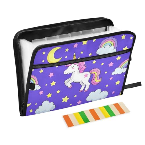 Fächermappe, Motiv: Cartoon-Einhörner, Stern, Violett, Pfirsichfarben, 13 Fächer, A4, Briefgröße mit Reißverschluss, zum Abheften von Brieftaschen Fächermappe, Motiv: Cartoon-Einhörner, Stern, Violett, Pfirsichfarben, 13 Fächer, A4, Briefgröße mit Reißverschluss, zum Abheften von Brieftaschen von voucong