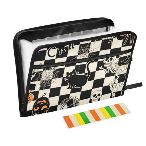 Fächermappe für Halloween, schwarz, kariert, Kürbis, Katze, Totenkopf, Kunststoff, 13 Taschen, A4, Briefgröße mit Reißverschluss, für Ordner mit Tasche Fächermappe für Halloween, schwarz, kariert, Kürbis, Katze, Totenkopf, Kunststoff, 13 Taschen, A4, Briefgröße mit Reißverschluss, für Ordner mit Tasche von voucong