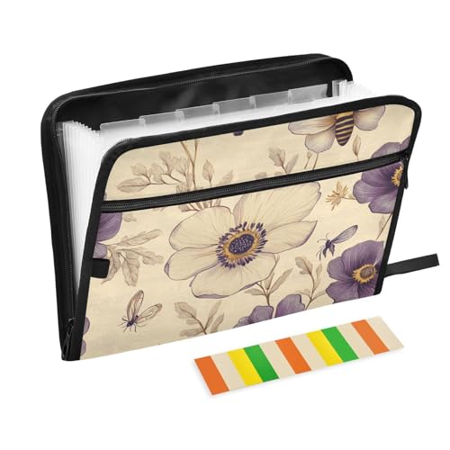 Fächermappe mit Cartoon-Anemonen-Motiv, Kunststoff, 13 Fächer, A4, Briefgröße, mit Reißverschluss, für Bürobedarf, Beige Fächermappe mit Cartoon-Anemonen-Motiv, Kunststoff, 13 Fächer, A4, Briefgröße, mit Reißverschluss, für Bürobedarf, Beige von voucong