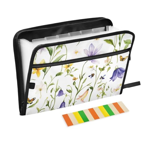 Fächermappe mit Cartoon-Blume, 13 Fächer, A4, Briefgröße mit Reißverschluss, für Bürobedarf, Weiß Fächermappe mit Cartoon-Blume, 13 Fächer, A4, Briefgröße mit Reißverschluss, für Bürobedarf, Weiß von voucong