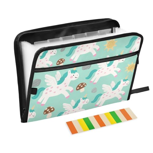 Fächermappe mit Cartoon-Einhörner-Illustration, Grün, 13 Fächer, A4, Briefgröße mit Reißverschluss, für Papier-Organizer-Ordner Fächermappe mit Cartoon-Einhörner-Illustration, Grün, 13 Fächer, A4, Briefgröße mit Reißverschluss, für Papier-Organizer-Ordner von voucong