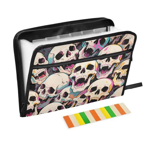 Fächermappe mit buntem Cartoon-Totenkopf-Design, 13 Fächer, A4, Briefgröße, mit Reißverschluss, für erweiterbare Dokumententasche von voucong