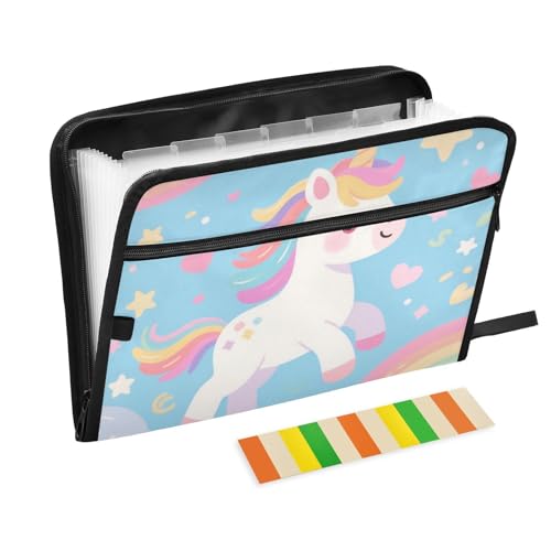 Fächermappe mit niedlichem Cartoon-Motiv, weiß, Regenbogen-Einhörner, 13 Fächer, A4, Briefgröße mit Reißverschluss, für Organizer mit Tasche Fächermappe mit niedlichem Cartoon-Motiv, weiß, Regenbogen-Einhörner, 13 Fächer, A4, Briefgröße mit Reißverschluss, für Organizer mit Tasche von voucong