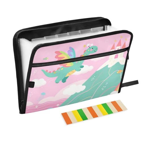 Fächermappe mit niedlichem Dinosaurier-Motiv, 13 Fächer, A4, Briefgröße mit Reißverschluss, für Ordner mit Trennwänden, Rosa Fächermappe mit niedlichem Dinosaurier-Motiv, 13 Fächer, A4, Briefgröße mit Reißverschluss, für Ordner mit Trennwänden, Rosa von voucong