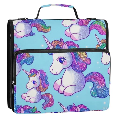 Falsche Glitzer-Cartoon-Einhörner, blau, 3 Ringe, Ordner, Organizer mit Schultergurt, mehrere Taschen, Dokumentenmappe für Schule und Büro von voucong