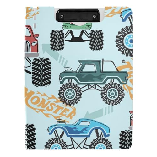 Faltbares Klemmbrett mit Aufbewahrung, nahtloses Muster, Monster-Cartoon-Truck, A4-Klemmbrett, zwei Metall-Clips, Stifthalter, Still-Clipboard mit Abdeckung von voucong