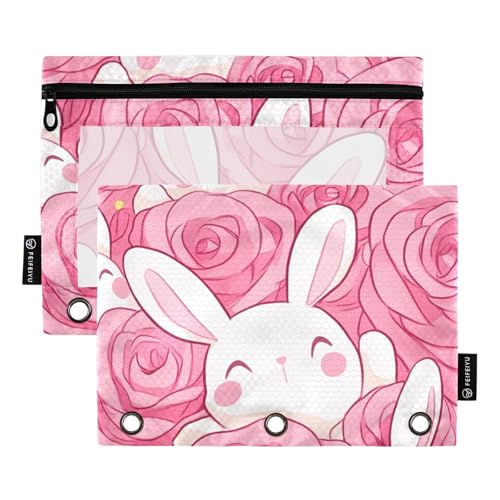 Federmäppchen mit 3 Ringen, Cartoon-Motiv, niedliches weißes Häschen, Rose, Ringbuch mit transparentem Fenster, in verschiedenen Farben, für Schule, Büro und Zuhause, 2 Stück Federmäppchen mit 3 Ringen, Cartoon-Motiv, niedliches weißes Häschen, Rose, Ringbuch mit transparentem Fenster, in verschiedenen Farben, für Schule, Büro und Zuhause, 2 Stück von voucong