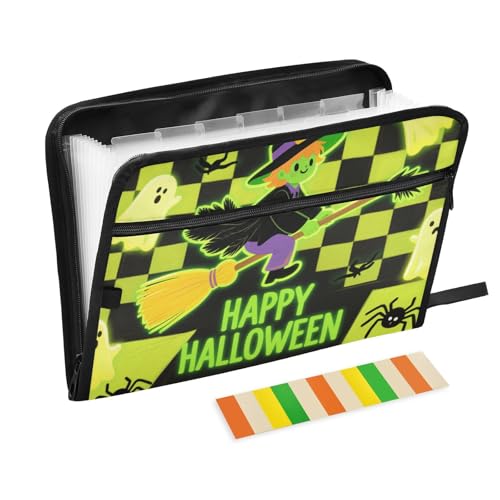 Fluoreszierender grüner karierter Halloween-Ordner mit Tasche, 13 Taschen, A4, Briefgröße mit Reißverschluss, für erweiterbare Ordner mit Trennwänden Fluoreszierender grüner karierter Halloween-Ordner mit Tasche, 13 Taschen, A4, Briefgröße mit Reißverschluss, für erweiterbare Ordner mit Trennwänden von voucong