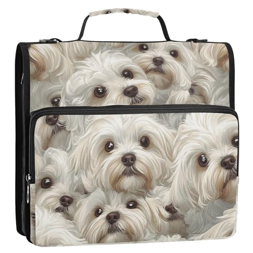 Funny Malteser Dogs 3,8 cm 3-Ring-Schulordner mit Reißverschluss, mit Gurt, mehrere Taschen, Dokumentenmappe für die Schule von voucong