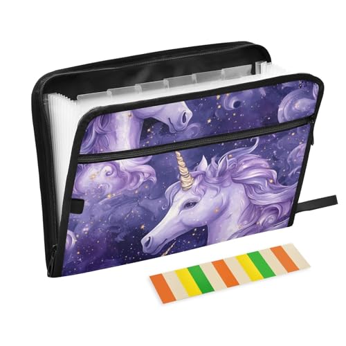 Hängeregistraturmappe mit niedlichen Einhörnern, Cartoon-Motiv, 13 Taschen, A4, Briefgröße mit Reißverschluss, zum Erweitern von Hängeregistraturen, Violett von voucong