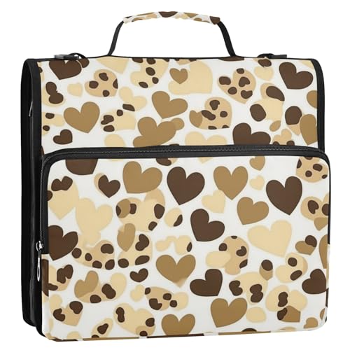 Happy Valentine Cartoon braunes Leopardenherz 3,8 cm 3 Ringe Organizer Ordner mit Griff und abnehmbarem Schultergurt, wasserdicht, Dokumentenmappe für Schule/Büro von voucong