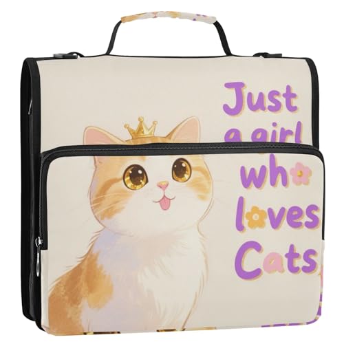 Just A Girl Who Loves Cats Ringbuch mit 3 Ringen, Reißverschluss mit Riemen, mehrere Taschen, tragbar, für Zuhause, Reisen, sichere Aufbewahrungstasche für die Schule von voucong