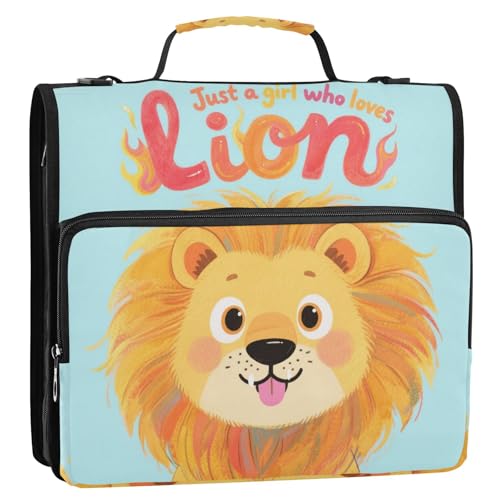 Just A Girl Who Loves Lion Ordner mit 3 Ringen, stabiler Reißverschluss, mit Schultergurt und Griff, wasserdicht, Dokumentenmappe für Schule/Büro, 3,8 cm von voucong