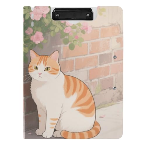 Klemmbrettmappe mit Aufbewahrung, eine niedliche Cartoon-orangefarbene Katze, A4-Klemmbrett, Folio-Ordner, zwei Metall-Clips, Stifthalter, Schulklemmbrett mit Abdeckung von voucong