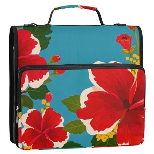 Mappe mit 3 Ringen, Reißverschluss, Hawaii-Sommer-Blumen, 3,8 cm, Rot, mit Riemen, mehrere Taschen, Reißverschluss, Portfolio für Schule/Büro Mappe mit 3 Ringen, Reißverschluss, Hawaii-Sommer-Blumen, 3,8 cm, Rot, mit Riemen, mehrere Taschen, Reißverschluss, Portfolio für Schule/Büro von voucong