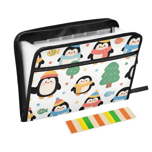 Mappe mit mehreren Fächern, Motiv: süßer Cartoon, Pinguin, 13 Taschen, A4, Briefgröße mit Reißverschluss, für Ordner mit Taschen, Schwarz von voucong