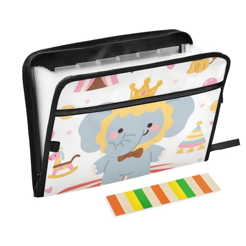 Mappe mit niedlichem Cartoon-Motiv, Motiv: Zirkus-Elefanten, mit Etiketten, 13 Taschen, A4, Briefgröße mit Reißverschluss, für Bürobedarf Mappe mit niedlichem Cartoon-Motiv, Motiv: Zirkus-Elefanten, mit Etiketten, 13 Taschen, A4, Briefgröße mit Reißverschluss, für Bürobedarf von voucong