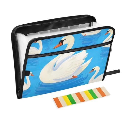Mappe mit süßem Cartoon-Schwan, mit Verschluss, 13 Taschen, A4, Briefgröße mit Reißverschluss, zum Erweitern, Aktenordner mit Etiketten, Blau Mappe mit süßem Cartoon-Schwan, mit Verschluss, 13 Taschen, A4, Briefgröße mit Reißverschluss, zum Erweitern, Aktenordner mit Etiketten, Blau von voucong
