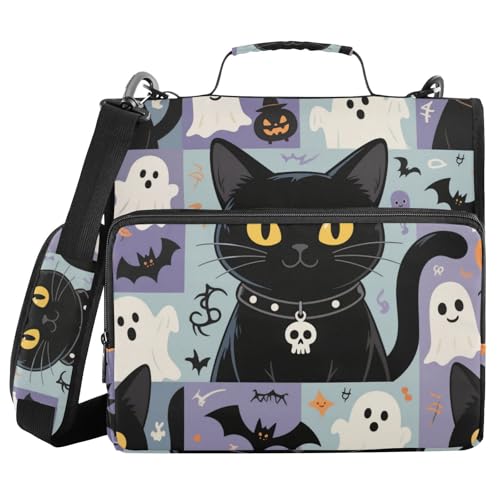 Niedliche schwarze Katzengeister für Halloween, 3 Ringe, Reißverschluss, Bindertasche mit Schultergurt, wasserdicht, Dokumentenmappe, Organizer für Büro, Schule von voucong