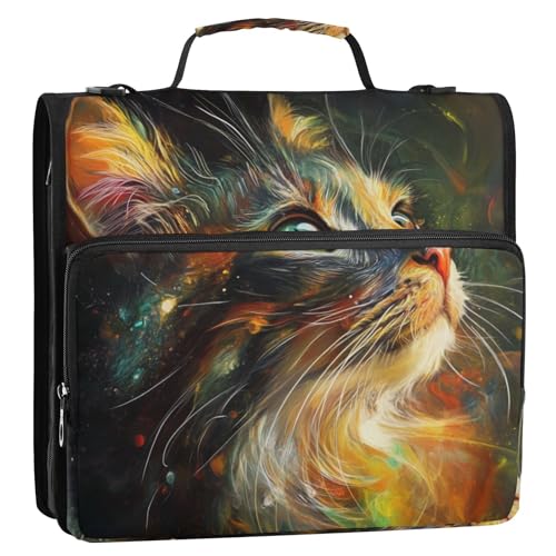 Ölgemälde Feeling Cute Cat 3,8 cm 3-Ringe Ordner Reißverschluss mit Schultergurt Laege Kapazität Dokumentenmappe Organizer für Schule und Büro von voucong