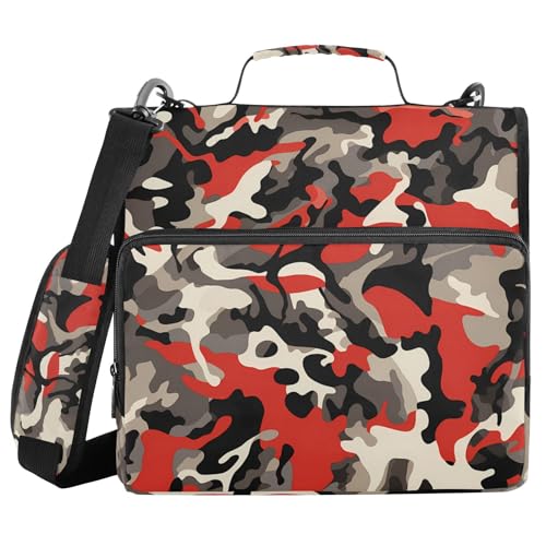 Ordner mit Reißverschluss, 3 Ringe, mit Griff und abnehmbarem Schultergurt, tragbare Mappe für Mittelschüler, 3,8 cm, Camouflage-Rot von voucong
