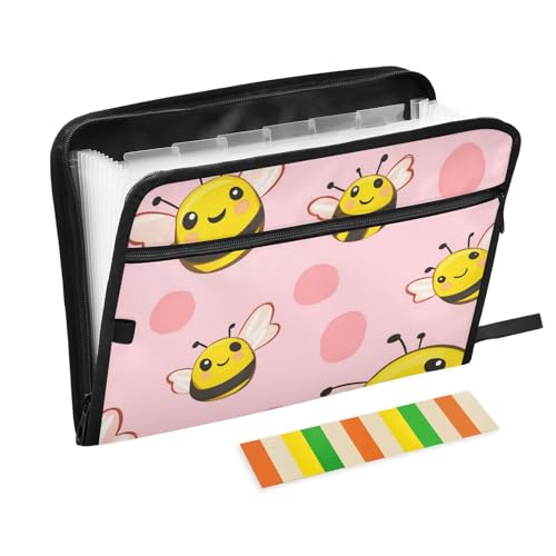 Ordner mit niedlichem Cartoon-Bienen-Motiv, mit Taschen, 13 Taschen, A4, Briefgröße mit Reißverschluss, für Dokumentenmappe, Rosa von voucong