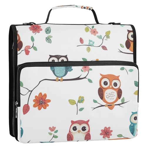 Ordnertasche mit niedlichem Cartoon-Eulen-Design, weiß, 3 Ringe, 3,8 cm, Reißverschluss, mit Griff, leicht zu transportieren, Dokumentenmappe, Organizer, geeignet für Mittelschule von voucong