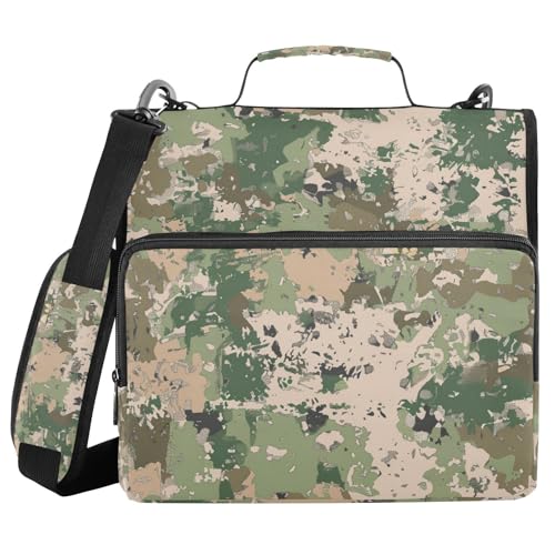 Organizer für 3 Ringe, Tarnmuster, Armeegrün, 3,8 cm, mit Griff, inklusive Reißverschlusstasche, Dokumentenmappe, Organizer für die Schule von voucong